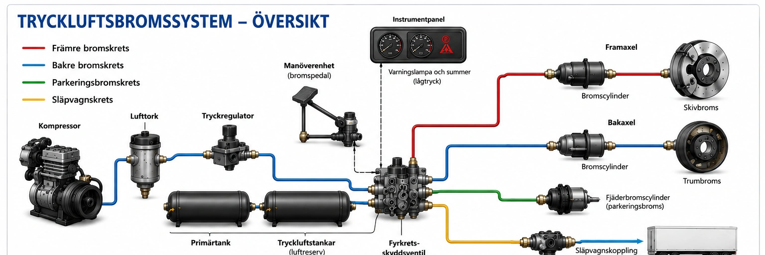 Förenklad bild av bromssystemet och tryckluftens väg